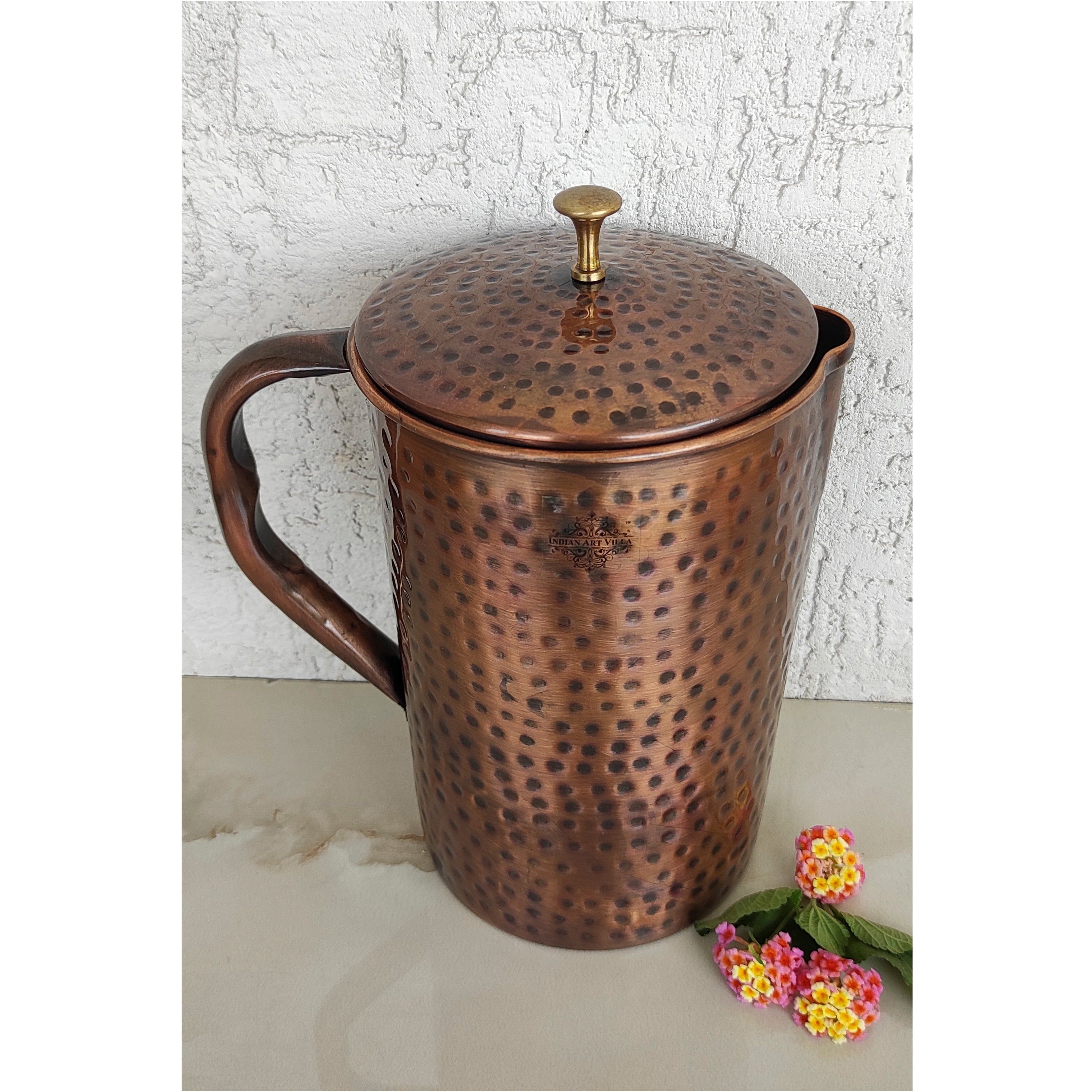 Pure copper hammered antique design jug, pitcher with brass knob on lid dark hammered, 1500 ML